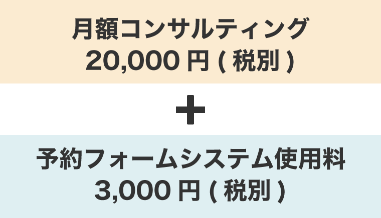 月額コンサルティング20,000円(税抜)+予約フォームシステム使用料3,000円(税別)